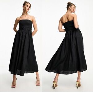 & Other Stories Linen Strapless Midi Dress Black Belted Sundress XS